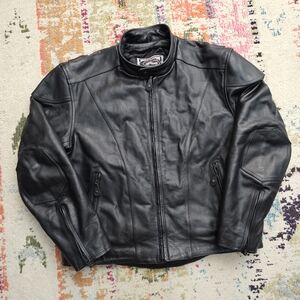 River Road Men's Leather Motorcycle Jacket Size 48 Back Burnout Bomber Full Zip